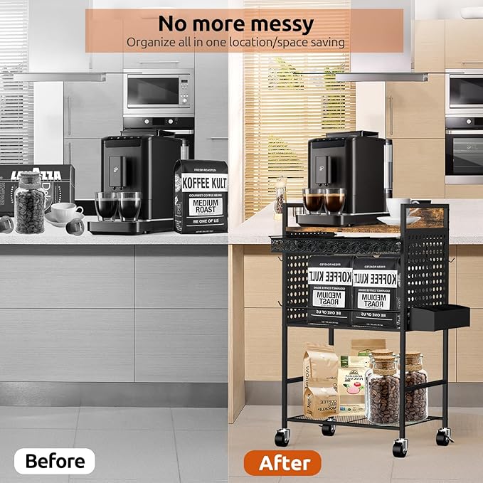 Compact Coffee Bar Cabinet with Power Outlet, Lockable Wheels, and Storage Drawer - Rustic Brown & Black for Office, Living Room, or Small Spaces