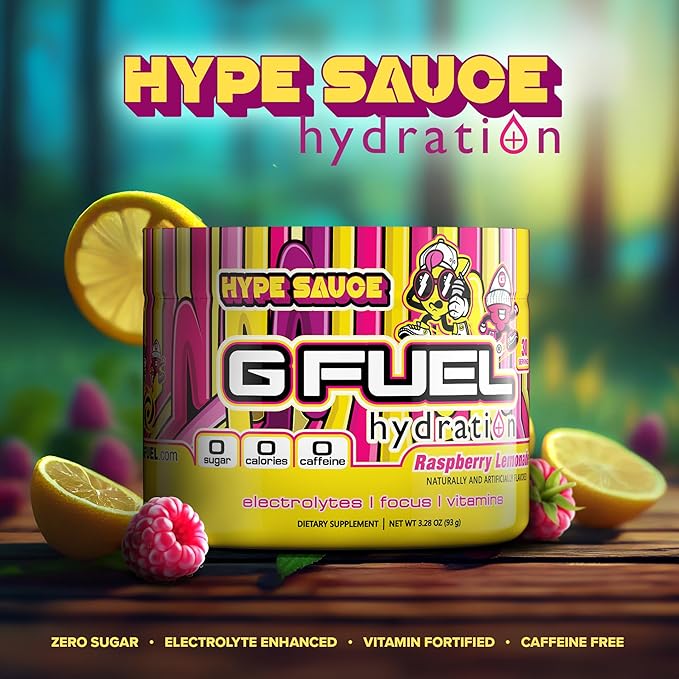 G Fuel Hype Sauce Supreme Hydration, Electrolyte Powder Mix for Energy & Focus, Sugar and Caffeine Free Supplement with Essential Vitamins & Minerals, Raspberry Lemonade Flavor, 3.3 oz - 30 Servings
