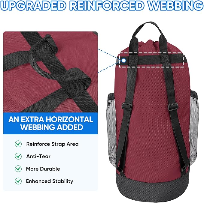 BALEINE 120L Laundry Bag Backpack, 900D Oxford Fabric Large Travel Laundry Bags with Shoulder Straps and 2 Mesh Pockets for College Dorm, Apartment, Laundromat (Red, 120L)