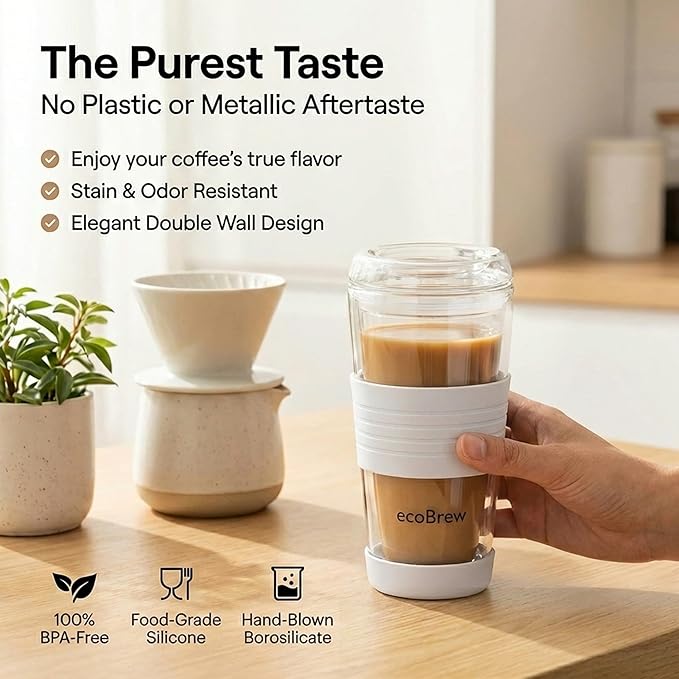 16oz Double Wall All Glass Tumbler with Lid, Dishwasher Safe & Microwavable Glass Travel Mug, Clear Coffee Tumbler To Go, Reusable Ceramic Cup for Hot & Cold Drinks