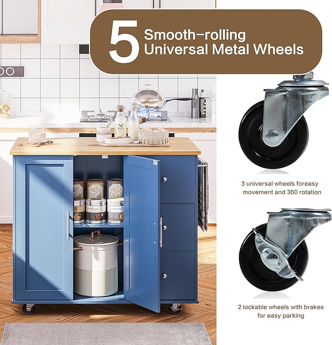 SUNLEI Kitchen Island on Wheels with Storage Cabinet & Foldable Drop Leaf, Rolling Kitchen Table, Cart Handle for Towel Rack, Drop Leaf, Portable Islands for Kitchen (Classic Blue, 39.7-INCH)