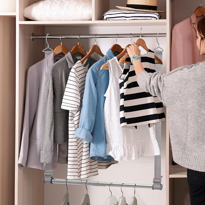 Hanging Closet Rod, 17-28In Width and Up to 32In Height Closet Extender, Double Hanging Bar with Powder-Coated Metal Pole and Adjustable Webbing, Space-Saving Tension Organizer, 1 Pack