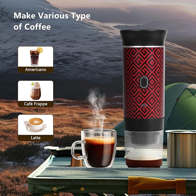 Coffee Maker Gift Set for Camping,Battery Powered Portable Electric Espresso Machine, Rechargeable Coffee Maker Self Heating Ground Coffee Capsule for RV, Hiking (Red)