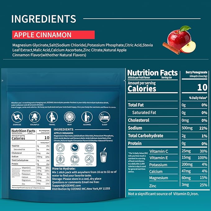 Electrolytes Powder Packets, 30 Sticks Hydration Packet Sugar Free, Electrolyte Drink Mix Travel Electrolyte for Rapid Hydration, Apple Cinnamon