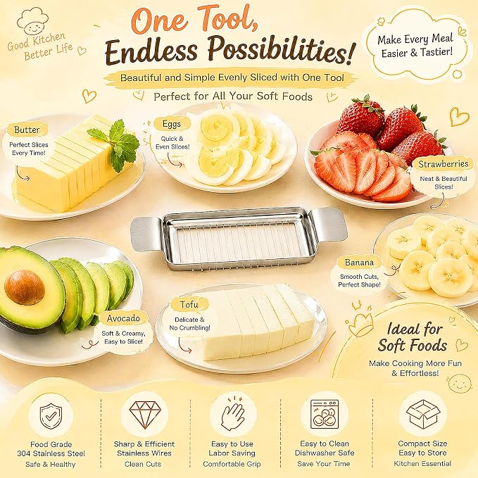JAYVAR Cheese Slicer and Butter Cutter, 304 Stainless Steel Wire | Multifunctional Cheese Slicers for Block Cheesees, Handheld Butters Slicers Cutter, for Egg Slicing, Dishwasher Safe