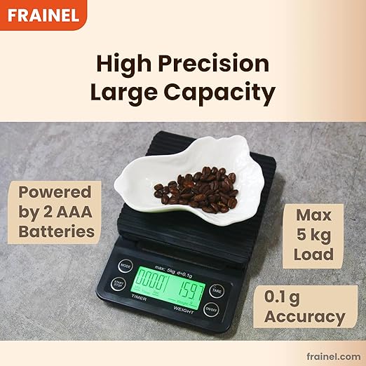 Coffee & Kitchen Digital Scale for Pour Over, Drip, Espresso, Salad Preparation, Pizza, Seasonal & Thanksgiving Cooking. Built-in Timer, Unit Switch, Green LCD, Max 5kg Weight, 0.1g Accuracy