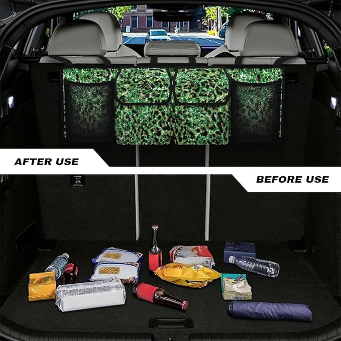 Hanging Trunk Organizer Green Leopard Print Back of Seat Car Organizer with 4 Pockets, Buckle Strapes Trunk Organizer Universal Fit Most Sedan SUV MVP Hatchback