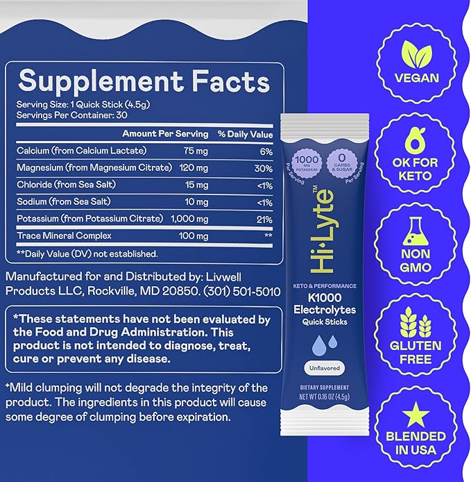 Hi-Lyte K1000 Hydration Packets Unflavored Keto & Performance, 30 Servings