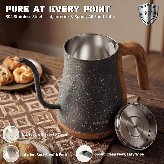 Electric Tea Kettle, Electric Kettle Stainless Steel, 1000W Tea Kettle Electric Auto Shut Off, 0.8L, Wood-like Grain Finish Handle, Ice Crackle