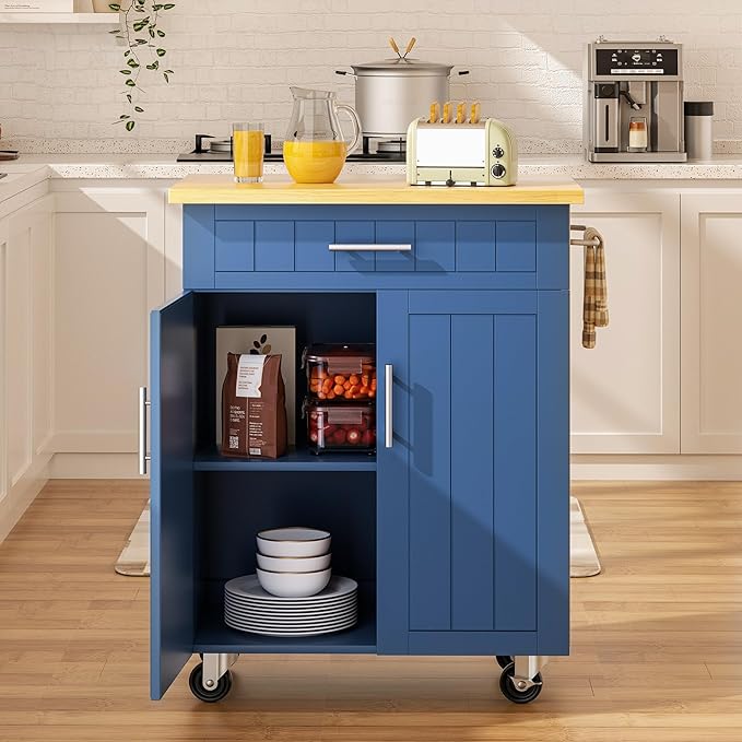 SUNLEI Kitchen Island on Wheels with Storage Cabinet & Drawer, 26" Width Rolling Kitchen Table, Cart Handle for Towel Rack or Free Mobility, Portable Islands for Kitchen, Dining Room(Blue)