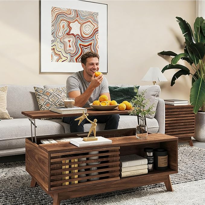 HAIOOU Lift Top Coffee Table, Mid Century Modern Coffee Table with Storage for Living Room, 35.4'' Walnut Coffee Tables with Sliding Fence Door (Brown)