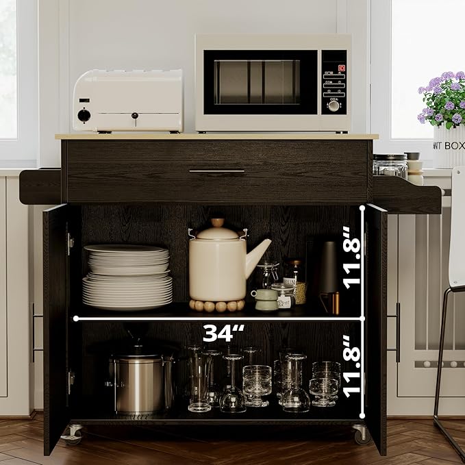 IRONCK Rolling Kitchen Island Table on Wheels with Drop Leaf, Storage Cabinet, Drawer, Spice/Towel Rack, Kitchen Cart, 47.25" Wide Black
