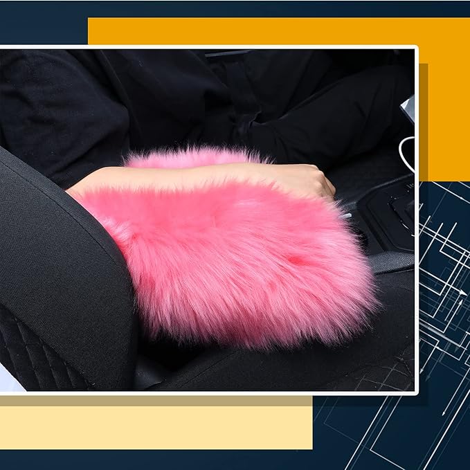 Frienda Furry Armrest Cover Auto Center Console Cover Car Soft Console Pad, Real Sheepskin Wool Soft Fluffy Auto Center Armrest Pad for Most Car Decoration Protector(Pink)
