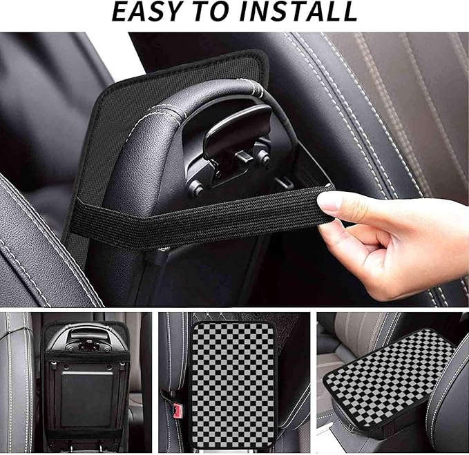 Gray Black Checkered Chessboard Flag Car Armrest Pad Cute Cars Center Console Cover Auto Handrail Box Cushion Armrests Cover