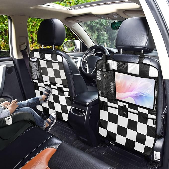 2 Pack Back Seat Car Organizer with Storage Pockets Kick Mats Back Seat Protector Hanging Car Organizer Automotive Seat Back Cover Organizers Checkered Black and White