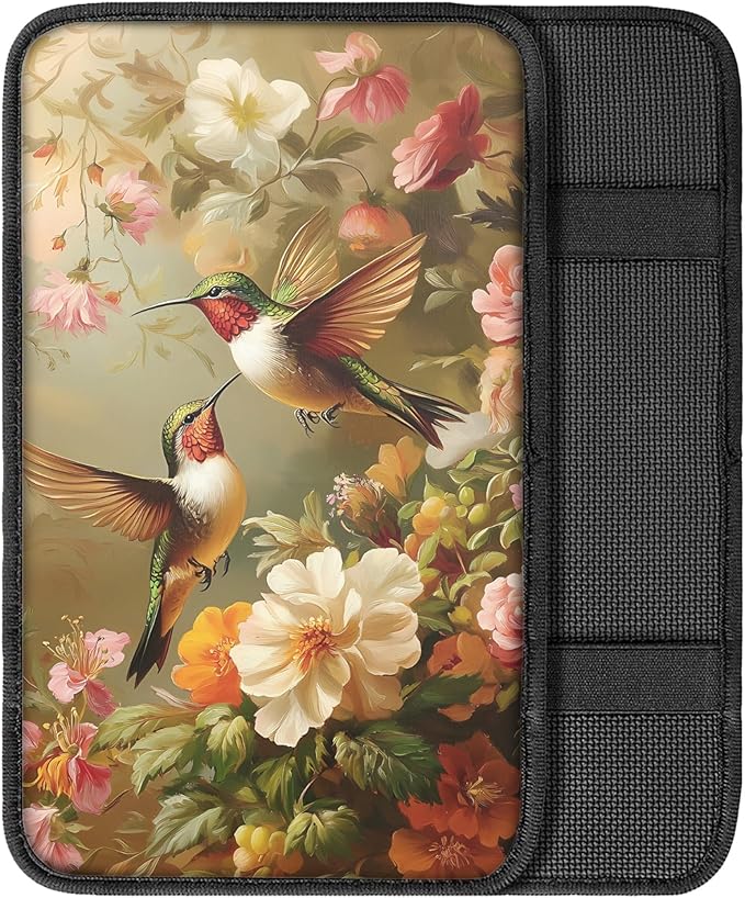 Hummingbird Peony Print Car Center Console Cover,Auto Armrest Box Pad,Soft Auto Arm Rest Cover for Most Vehicle SUV Truck Car