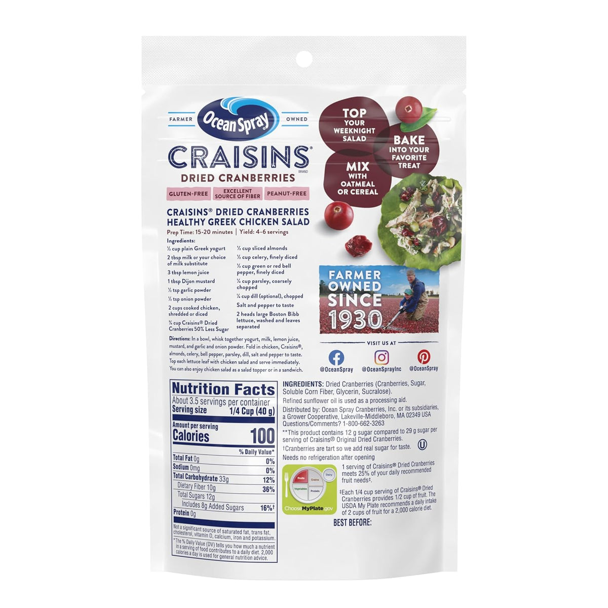 Ocean Spray® Craisins®, 50% Less Sugar Dried Cranberries, Dried Fruit, 5 Oz Pouch