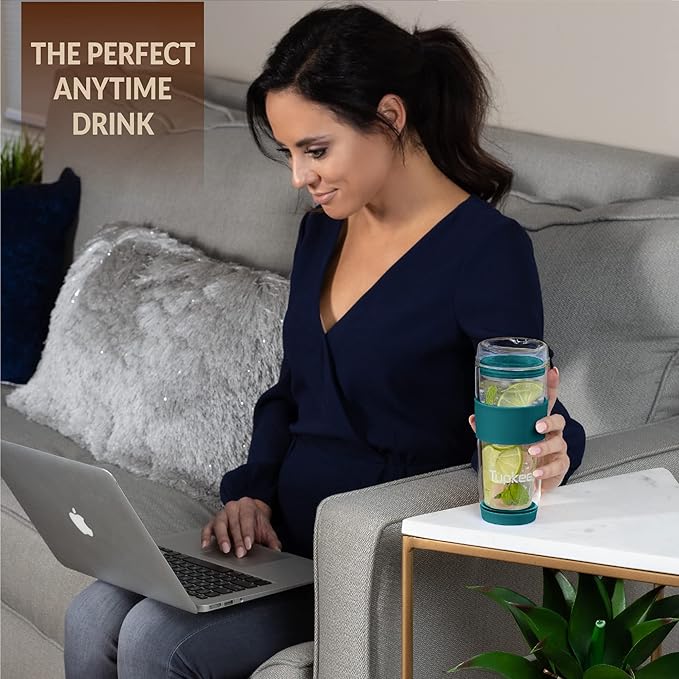 Tupkee Double Wall All Glass Tumbler - 14-Ounce, Reusable Insulated Tea/Coffee Mug & Lid, Hand Blown Glass Travel Mug - Cyan- 2 Pack