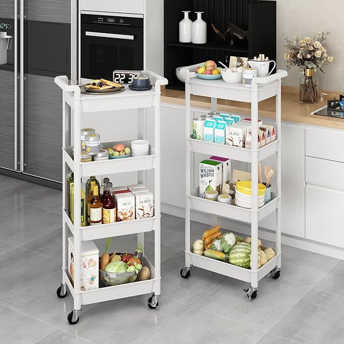MIOCASA Utility Rolling Cart with Detachable Tray Top, 4-Tier Kitchen Storage Organization, Art Cart with Wheels for Office, Classroom, Livingroom, Kitchen, Bathroom (White, 4-Tier-Plastic)