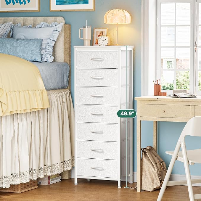 Huuger Tall Dresser for Bedroom, 7 Drawer Dresser & Chests of Drawers, Fabric Drawer for Closet, Bedroom, Night Stand, Metal Frame, Storage Tower with Fabric Bins, White
