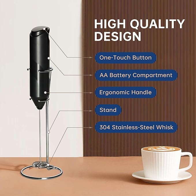 HealSmart Kitchen Milk Frother Handheld with Stand for Coffee, Electric Foamer Maker for Lattes, Mini Hand Blender for Cappuccino, Matcha, Frappe, Hot Chocolate, Wand Drink Mixer Whisk, Black