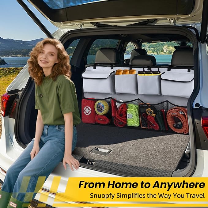 Car Backseat Hanging Trunk Organizer Extra-Long, 30% More Storage, 8 Large Pockets Car Storage Bag for SUV, Truck, Van – Super Capacity SUV Hanging Organizer for a Neat & Clutter-Free Space - Grey
