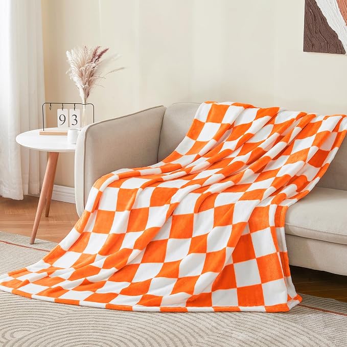 BEDELITE Checkered Throw Blanket for Couch, Soft & Cozy Fleece Flannel Blanket with Checkerboard Grid Home Decor, Checkered Orange Tennessee Blanket, 50x60 Inches