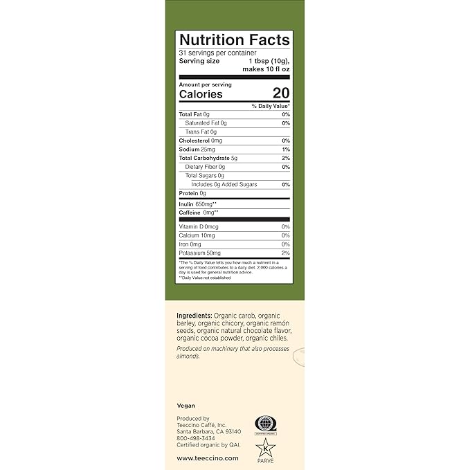 Teeccino Mexican Chocolate Chicory Coffee Alternative - Ground Herbal Coffee That’s Prebiotic, Caffeine-Free & Acid Free with a Hint of Spice, Dark Roast, 11 Ounce