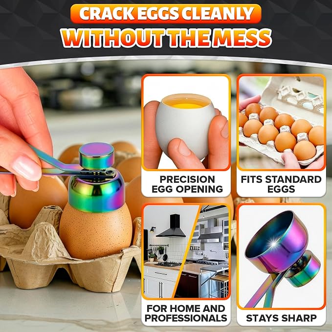 Egg Cracker Tool for Raw Eggs — Egg Shell Opener for Soft-Boiled Shell Tops, Stainless Steel Topper with Ergonomic Adjustable Effort — Clean Cut Design for Breakfast Prep, Custards, & Baking (Rainbow)