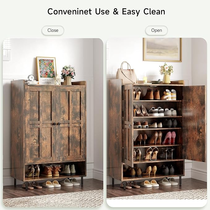 ONBRILL Shoe Storage Cabinet with Cross Molding Doors, 6-Tier Shoe Cabinet with 3 Adjustable Shelves and Metal Legs, 45 Inch Tall Shoes Rack Organizer for Entryway, Front Door, Rustic Brown