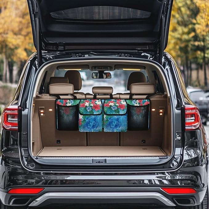 CLOHOMIN Hibiscus Car Trunk Organizer Blue Sea Turtle Car Storage Bags Washable Car Trunk Tool Organizer Collapsible Cargo Bag with 4 Pockets Car Decorative Accessories