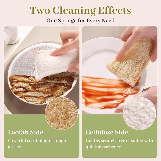 JOYMOOP Compressed Cellulose & Loofah Scrubbers, Non-Scratch Scrub Sponge, Kitchen Sponges for Dishes, 12-Pack, Dual-Sided Dish Sponge for Nonstick Cookware & All Surfaces