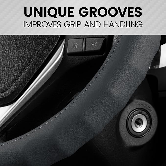 BDK Genuine Gray Leather Steering Wheel Cover for Car, Small 13.5-14 inch – Ergonomic Comfort Grip for Men & Women, Car Steering Wheel Cover for Vehicles with Small Steering Wheels