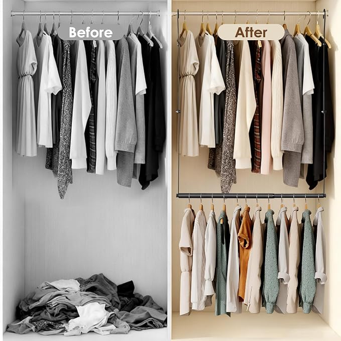 Closet Rod Extenders - Black Adjustable Closet Hanging Rod, Width & Height Expandable Clothes Rod, Space-Saving Closet Organizer for Hanging Clothes, Easy Installation, 2 Packs