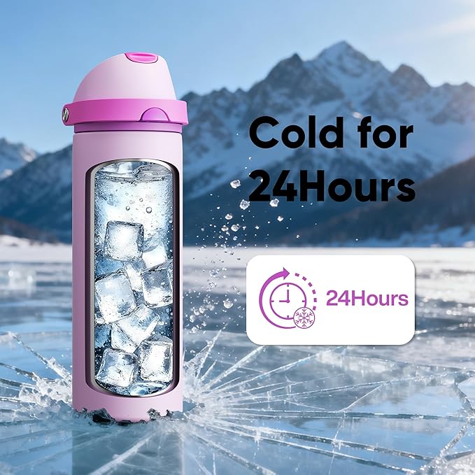 Insulated Water Bottle with Straw - Encool Stainless Steel Water Bottle with Push Button Lid, Leak-Proof & BPA-Free, Keeps Cold for 24 Hours for Sports, Travel, Gym (24 oz, Thistle-Fuchsia)