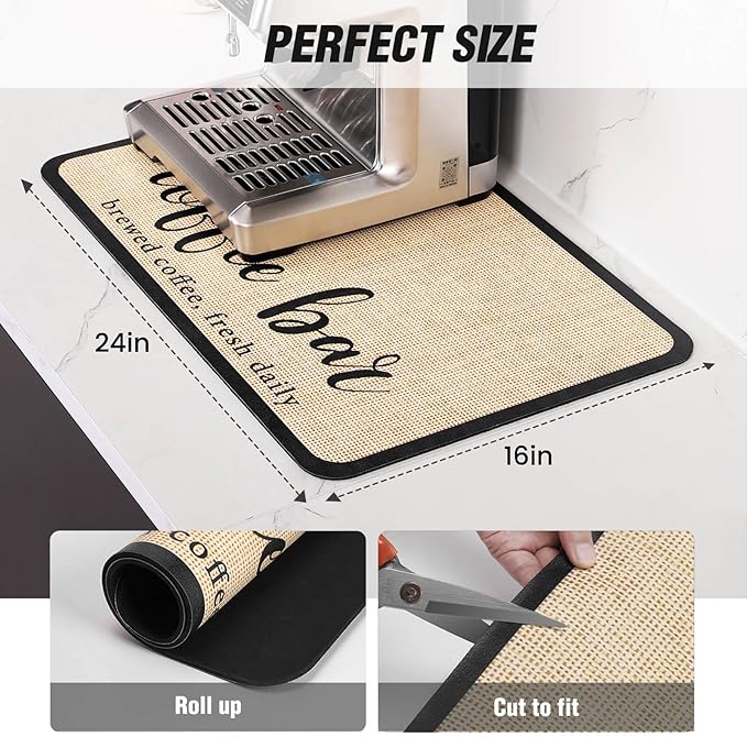 DK177 Coffee Mat - Dish Drying Mat for Kitchen Counter, Hide Stain, Absorbent with Waterproof Rubber Backing, Fit Kitchen Dish Rack Bar Accessories (Christmas Red, 19" x 12")