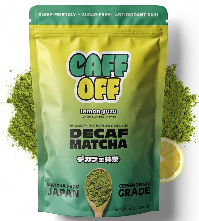 Caff Off Lemon Flavored Decaf Matcha Green Tea Powder From Japan – 1.06 oz / 30 g – Ceremonial Grade & Sugar-Free – No Fillers or Milk Powders – Naturally Decaffeinated Without Chemicals – Tested for Heavy Metals – First Harvest, Shade-Grown & Caffeine...