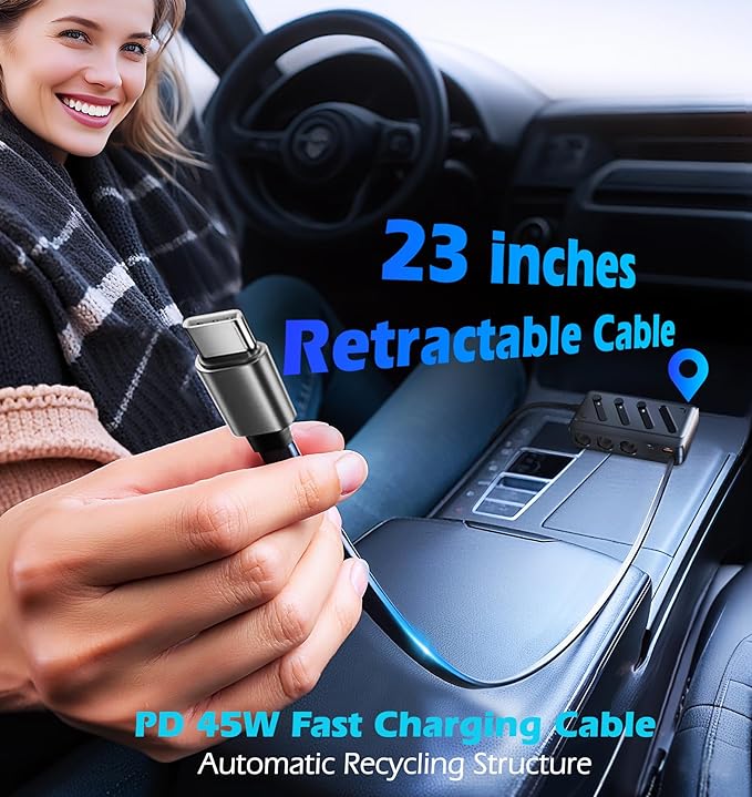 LIHAN Cigarette Lighter Splitter Adapter, 3 Sockets & 5 USB Ports (3 Type-C+2 QC), Retractable 45W PD Cable, 12V/24V Car Charger with LED Voltage Monitor for Vehicle/RV/SUV/Truck