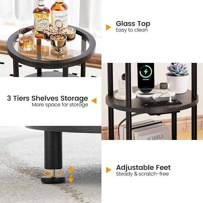Homeiju Round Side Table with Glass Top, 3-Tier Glass End Table with USB Ports & Power Outlets, Bedside Table for Small Space for Living Room, Balcony, Bedroom, Black