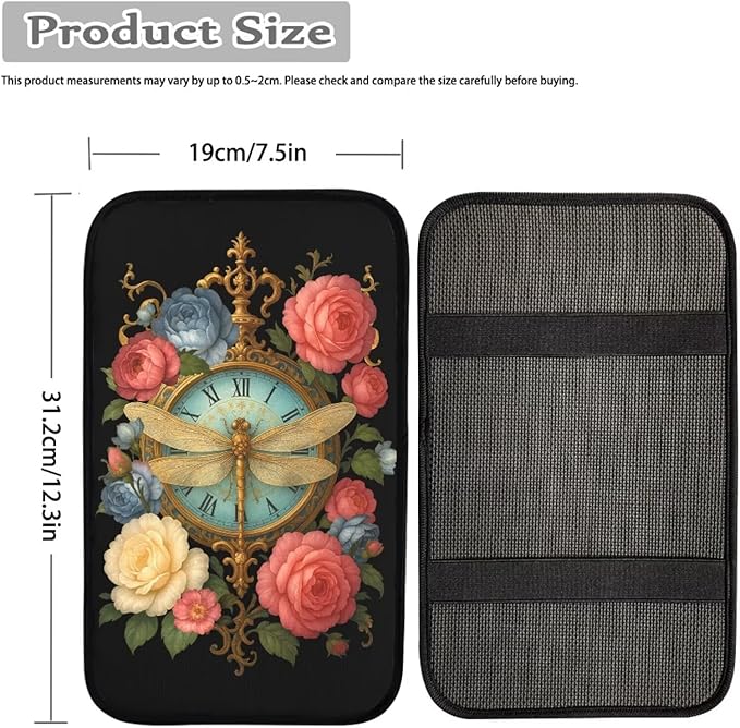 Vintage Floral Dragonfly Clock Print Center Console Cover,Auto Armrest Cover Universal Fit