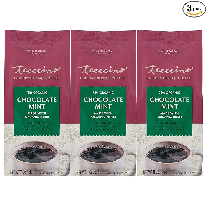 Teeccino Chocolate Mint Chicory Coffee Alternative - 11 Ounce - Ground Herbal Coffee That’s Prebiotic, Caffeine Free & Acid Free, Light Roast, (Pack of 3)