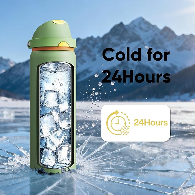 Insulated Water Bottle with Straw - Encool Stainless Steel Water Bottle with Push Button Lid, Leak-Proof & BPA-Free, Keeps Cold for 24 Hours for Sports, Travel, Gym (32 oz, Lichen-Yellow)