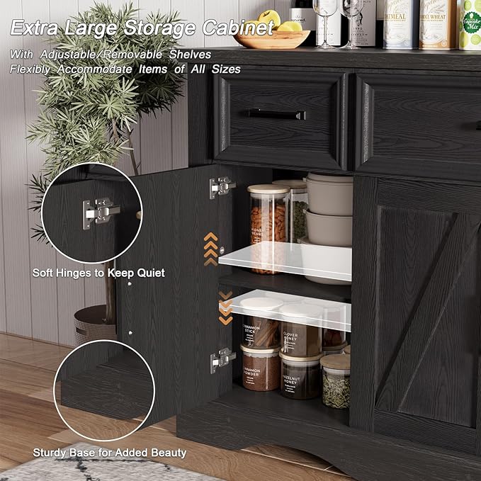 56" Buffet Cabinet with Storage, Farmhouse Sideboard Buffet with 3 Drawers and 4 Doors, Wood Coffee Bar Cabinet with Adjustable Shelves, Sideboard Storage for Kitchen, Living Room, Entryway, Black