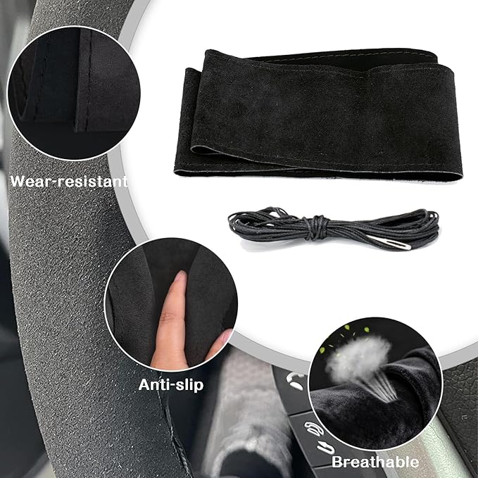 40.16-Inch Suede Leather Stitch Steering Wheel Wrap, Suitable for Car Steering Wheels with A Diameter of 15 Inches, Including Sewing Needles, Hand-Stitched