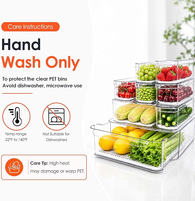 SMRCAD Fridge Organizers and Storage, 8 Pack Clear Freezer Organizer Bins with Lids for Kitchen, Pantry, Refrigerator, Food, Fruit, Vegetable Storage (8 Bins (Include Pull-out Drawer))