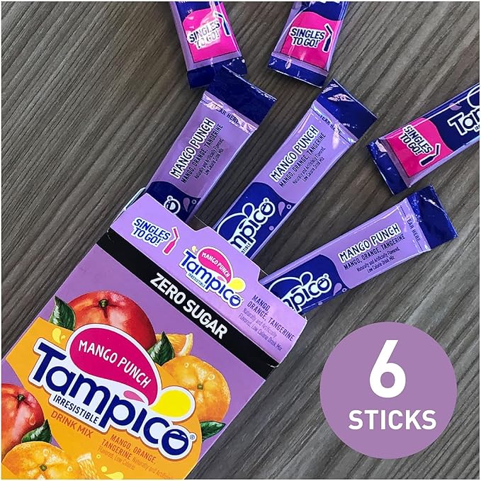 Tampico Singles To Go Drink Mix Packets, Mango Punch, Zero Sugar, Low Calorie, 100% DV of Vitamin C per Serving, Convenient, On-The-Go Water Enhancers, 6 Count (Pack - 6)