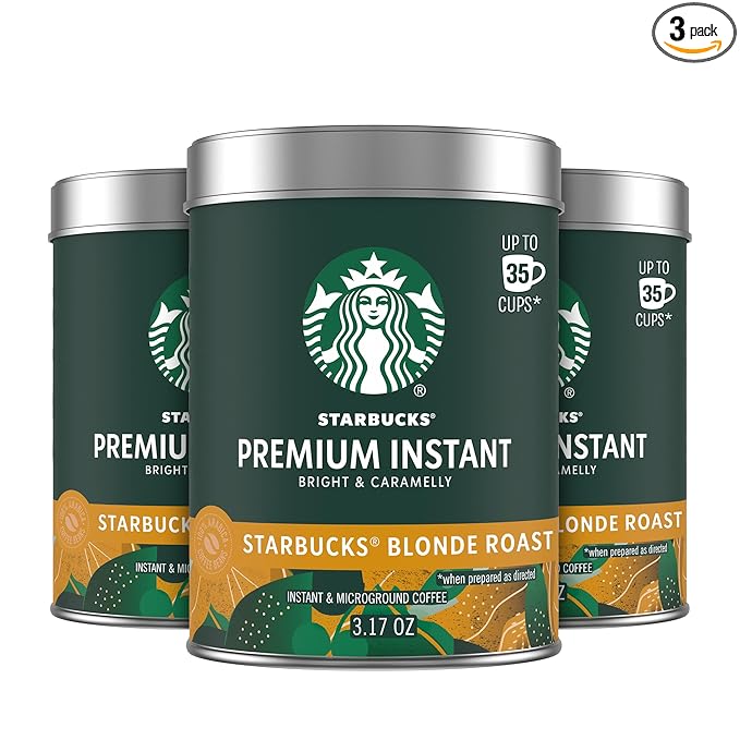 Starbucks Premium Instant Coffee, Starbucks Blonde Roast Coffee, Arabica Beans, Three 3.17 oz Tins