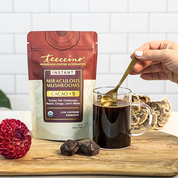 Miraculous Mushrooms Instant Cacao+5 Coffee Alternative by Teeccino – 15 servings - 5 Organic Adaptogenic Mushrooms with Cacao - Reishi, Lion’s Mane, Chaga, Turkey Tail, Cordyceps - Caffeine Free, Prebiotic - 4.7 ounces