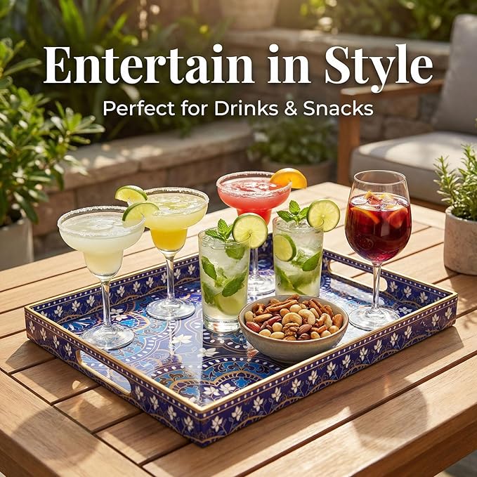 Zosenley Decorative Serving Tray with Handles - 15.7" x 11.8" Blue Mandala Pattern Rectangular Plastic Platter - Boho Coffee Table Tray for Ottoman, Breakfast in Bed & Living Room Decor