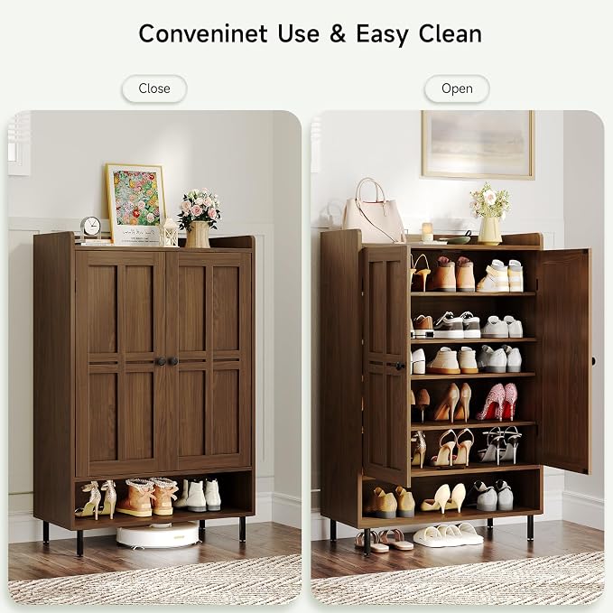 ONBRILL Shoe Cabinet with Cross Molding Doors, 6-Tier Shoe Storage Cabinet with 3 Adjustable Shelves and Metal Legs, 45'' Tall Shoes Rack Organizer Cabinet for Entryway, Front Door, Walnut